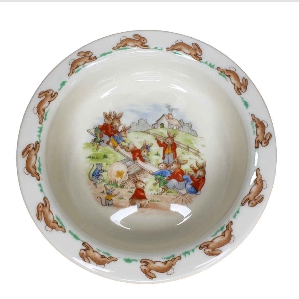 Bunnykins Royal Doulton Seasaw Bunnies Mice Farm Bowl English Fine Bone China